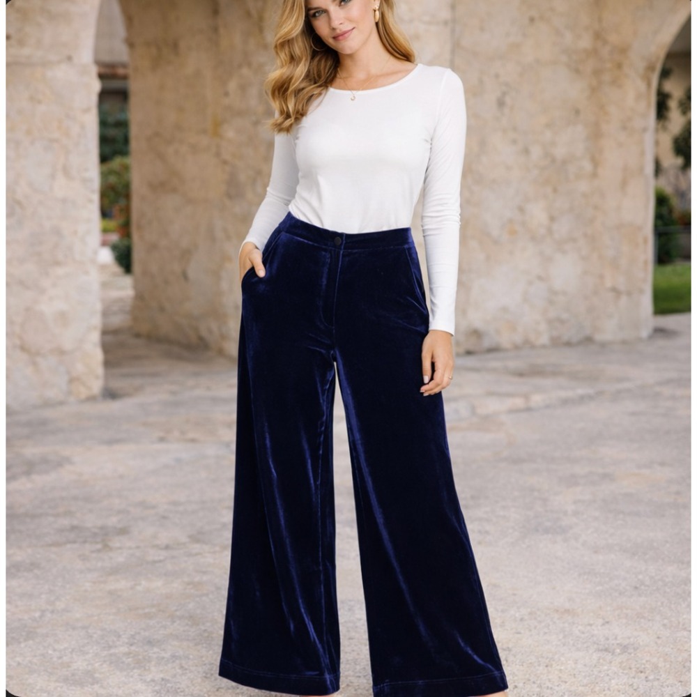 NWT Frnch Paris Pants Womens Small Wide Leg Velvet High Rise Party‎ Blue Marine